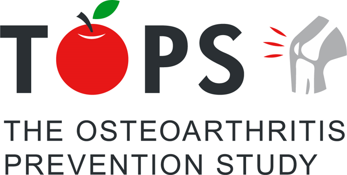 TOPS logo (apple as the "o" and graphic of a knee in pain). The Osteoarthritis Prevention Study.